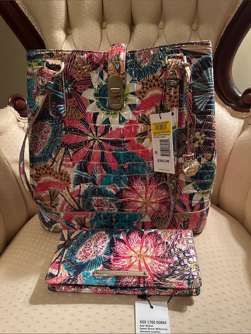 Brahmin Multicolor Floral Tote with Matching Wallet - Pink, Teal, White